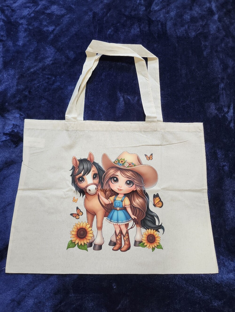 Cute Cowgirl and Pony Kids Tote Bag – Blue Dress Design